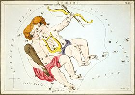 Gemini come raffigurato in Urania's Mirror, un set di carte delle costellazioni pubblicato a Londra nel 1825 circa.