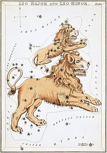 Leo, met daarboven Leo Minor, zoals afgebeeld in Urania's Mirror, een set sterrenbeeldenkaarten gepubliceerd in Londen ca. 1825.