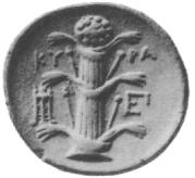 Eine antike Silbermünze aus Kyrene zeigt einen Stiel des Silphiums.