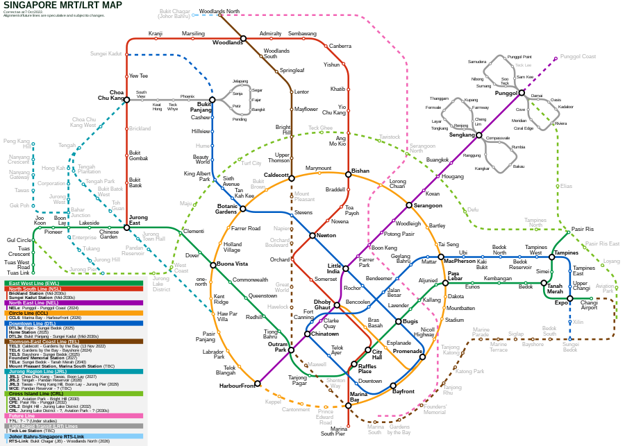 Schematische kaart van het Mass Rapid Transit (MRT) en Light Rail Transit (LRT) netwerk in Singapore (een officiële versie is te vinden op de website van de Land Transport Authority).  