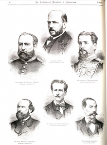 Political and military leaders of the three countries at the beginning of the war, from left to right: the three presidents Mariano Ignacio Prado (Peru), Aníbal Pinto (Chile), and Hilarión Daza (Bolivia), the Chilean fleet commander Juan Williams Rebolledo, the Peruvian party leader Nicolás Piérola, and the Bolivian commander-in-chief and later president Narciso Campero (contemporary illustration, published on 15 July 1879)