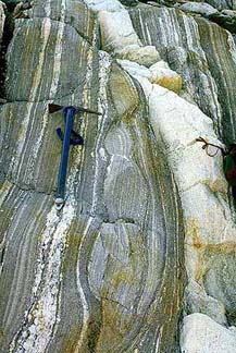 花崗岩質の直交片麻岩の堤防を持つ帯状片麻岩。