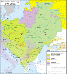 Territories of the Eastern Slavs (dark green) in the 7th and 8th century