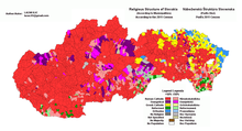 Distribution of religious denominations in Slovakia 2011: Roman Catholic (red), Protestant (purple), Greek Catholic (yellow), Reformed (green), Orthodox (blue), non-denominational (grey)