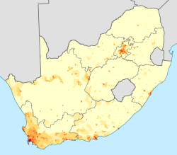 Гъстота на цветнокожото население в Южна Африка.      < 1 /км² 1-3 /км² 3-10 /км² 10-30 /км² 30-100 /км²      100-300 /km² 300-1000 /km² 1000-3000 /km² >3000 /km²