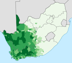 Krāsaino iedzīvotāju īpatsvars no kopējā Dienvidāfrikas iedzīvotāju skaita.      0-20% 20-40% 40-60%      60-80% 80-100%