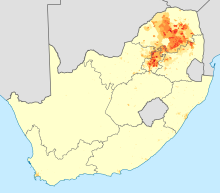 Pohjoissothon maantieteellinen levinneisyys Etelä-Afrikassa: pohjoissothon kielen puhujien tiheys.      <1 /km² 1-3 /km² 3-10 /km² 10-30 /km² 30-100 /km² 30-100 /km²      100-300 /km² 300-1000 /km² 1000-3000 /km² >3000 /km²  