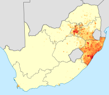 Onde se fala isiZulu na África do Sul: densidade de falantes de isiZulu no idioma local.      <1 /km² 1-3 /km² 3-10 /km² 10-30 /km² 30-100 /km²      100-300 /km² 300-1000 /km² 1000-3000 /km² >3000 /km²