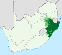 南アフリカでイシズール語が話されている場所：家庭でイシズール語を話す人口の割合（％）。      0-20% 20-40% 40-60%      60-80% 80-100%