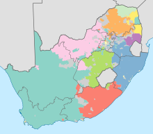 Dominante talen in Zuid-Afrika. Deze kaart laat zien welke talen het meest gesproken worden in de verschillende delen van Zuid-Afrika.      Afrikaans Engels Zuidelijke Ndebele Xhosa Zoeloe Noordelijk Sotho      Zuidelijke Sotho Tswana Swati Venda Tsonga Geen enkele dominant