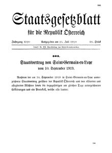 State Law Gazette for the Republic of Austria of 21 July 1920: Promulgation of the Treaty of Saint-Germain-en-Laye