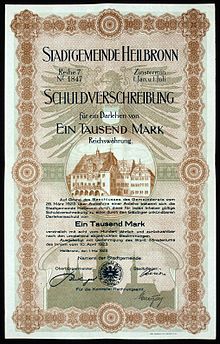 Bond for 1000 Marks of the municipality of Heilbronn dated 10 April 1923