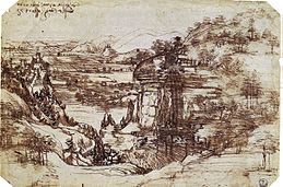 Leonardo's vroegst bekende tekening, de Arno Vallei, 1473. Het staat in de Uffizi Galerij.