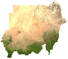 Satellite image of Sudan, showing the wetter south and the drier north.