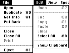 System 1 menus (Macintosh, English): you can see the special menu on the far right (cut off).