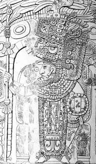 Tapınak III'teki ahşap lentodan Tikal Kralı. "Yax Nuun Ayin II" ya da "Kara Güneş" tasviri