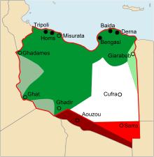 イタリア のリビアの領土の成長 オスマン帝国によってイタリアに与えられた領土 1912年 実質的にイタリアは5つの港しか支配していない フランスとイギリスによって与えられた領土 1919年と1926年 フランスとイギリスによって与えられた領土 1934年/35年