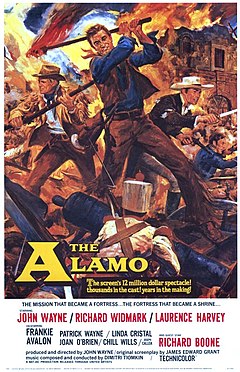 Afiș pentru filmul The Alamo (1960). Richard Widmark (stânga) l-a interpretat pe Jim Bowie.  