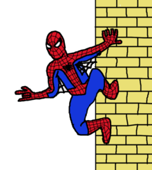 Dit is een getekende afbeelding van Spider-Man die zich vasthoudt aan een muur die is getekend in MS Paint.