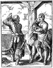 Master butcher and journeyman at the slaughter, engraving by Jost Amman, 16th century.