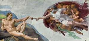 Michelangelon kuuluisa maalaus, jossa Jumala luo Aatamin, Sikstuksen kappelissa.  