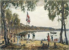Kapitein Arthur Phillip hijst de Britse vlag in Sydney in 1788.  