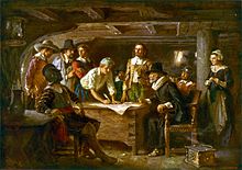 Assinatura do Mayflower Compact 1620 , uma pintura de Jean Leon Gerome Ferris 1899