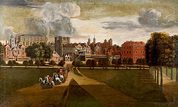 Palác Whitehall od Hendricka Danckertse. Pohled je od západu. Kasárna Horse Guards jsou úplně vlevo, za nimi je vyšší Banqueting House. Čtyřvěžová budova je palácová vrátnice.  