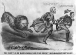 Poliittinen pilapiirros, jossa Lyon jahtaa kuvernööri Jacksonia ja kenraali Pricea Boonvillen taistelussa.  