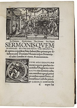 Illustration of the conversation with Raphael Hythlodeus in the first part of the Basel edition of 1518