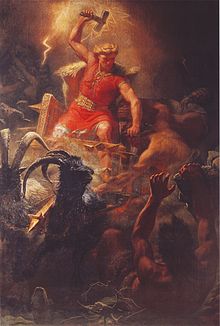 Thor, Germaanse dondergod. De hamer wordt geassocieerd met de bliksemschicht. Schilderij van Mårten Eskil Winge, ca. 1872.  