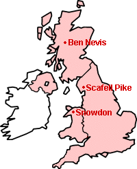 Um mapa do Reino Unido mostrando as três montanhas.