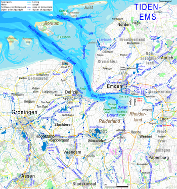 Emden at the mouth of the Ems: Mudflats in pale, areas below chart zero in bright blues; waters shielded from tides muted blue