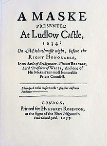 Title page of John Milton's Comus, first performed at Ludlow Castle in 1634.
