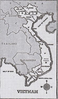 US map of Indochina after World War II; highlights the division of Vietnam into the three constituent states of Tonkin, Annam, and Cochinchina.