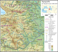 Topographic map of Karabakh with Nagorno-Karabakh in the center, from the period until 2020.