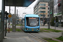 En spårvagn vid den centrala hållplatsen i Chemnitz