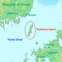Mapa zobrazujúca západný prieliv (Kórejský prieliv) a východný prieliv (Cušimský prieliv)