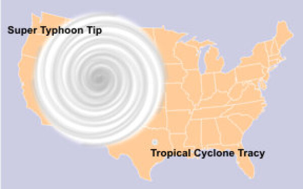 De relatieve grootte van de Verenigde Staten, Typhoon Tip en Cyclone Tracy (respectievelijk de grootste en een van de kleinste geregistreerde tropische cyclonen)