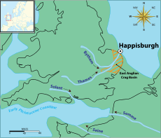 Kaart die de positie van Happisburgh in het vroege Pleistoceen toont, ongeveer 800.000 jaar geleden.