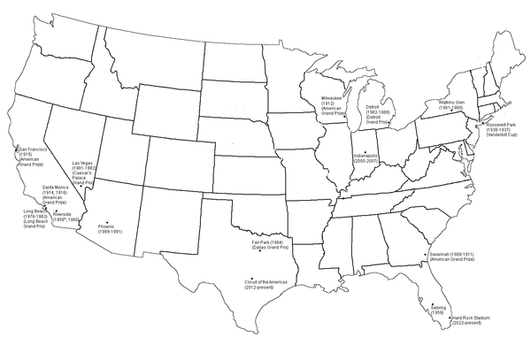 Kartta kaikista Yhdysvalloissa järjestetyistä Grands Prix -kilpailuista (joidenkin nimi oli muu kuin United States Grand Prix).  