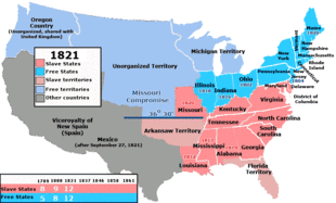 Missouri-kompromiset af 1820, der handlede om optagelse af Missouri (slave) for Maine (fri), og som også trak en linje vest for Missouris sydlige grænse, som skulle opdele ethvert nyt territorium i slaver (syd for linjen) og frie (nord for linjen).