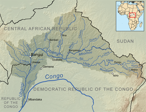Kaart van het afwateringsgebied van de Ubangi-rivier.