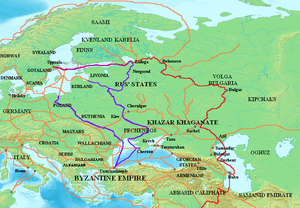 Mapa mostrando as principais rotas comerciais de Varangianos: a rota comercial do Volga (em vermelho) e a rota comercial dos Varangianos para os gregos (em roxo). Outras rotas comerciais dos séculos VIII e XI mostradas em laranja.