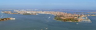 Panoramic aerial view of the historical centre of Venice, taken in east-west direction.