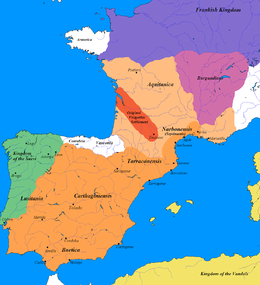 Development of the Visigoth Empire. Red: Settlement of Visigoths in Aquitaine from 418. Light orange and orange: expansion until 507. Orange: Visigoth Empire (with Septimania) between 507 and 552. Green: Suebi Empire, which belonged to the Visigoth Empire from 585 onwards