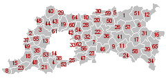 Mapa gmin Brabancja Flamandzka (nazwy znajdują się w poniższej tabeli)