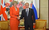 Theresa Mayová na setkání s prezidentem Vladimirem Putinem v Moskvě, září 2016