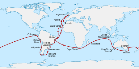"Beagle" kelionė Plymutas, Anglija, į pietus iki Žaliojo Kyšulio, tada į pietvakarius per Atlantą iki Bahijos, Brazilija, į pietus iki Rio de Žaneiro, Montevidėjo, Folklendų salų, aplink Pietų Amerikos galą, tada į šiaurę iki Valparaiso, Čilė, ir Kallao. Į šiaurės vakarus iki Galapagų salų, tada plaukiama į vakarus per Ramųjį vandenyną į Naująją Zelandiją, Sidnėjų, Hobartą Tasmanijoje ir King George's Sound Vakarų Australijoje. Į šiaurės vakarus iki Kilingo salų, į pietvakarius iki Mauricijaus ir Keiptauno, tada į šiaurės vakarus iki Bahijos ir į šiaurės rytus atgal į Plymutą.