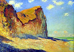Monet, Kliffen bij Pourville. De felgekleurde verven zijn gebruikt zonder ze te mengen.  